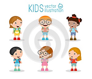 Kids go to school, back to school, Cute cartoon children, happy children