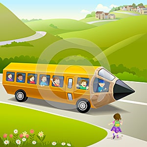 Kids Going to School by Pencil Bus