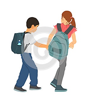 Kids going to school together, vector illustration. Back to school. Boy and girl with backpack.