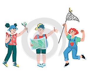 Kids going to travel. Little tourists and explorers children, cartoon vector isolated