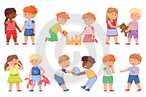 Kids good and bad behavior. Friends sharing toys, playing together, holding hands. Angry children fighting, bullying