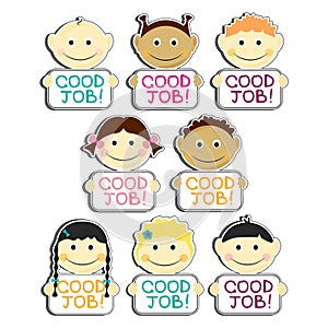 Kids with Good Job label plates set vector illustration. Portraits with smile and various hairstyle