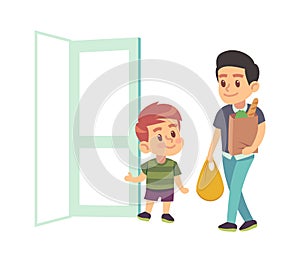 Kids good manners. Boy helping adult. Polite kid with good manners opening the door to man. Etiquette concept. cartoon