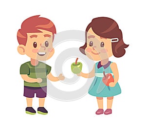 Kids good manners. Cartoon girl shares apple with boy, children respectful and thankful behavior, symbol of friendship