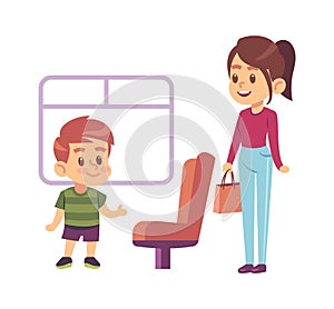 Kids good manners. Courteous boy gives way on transport seat for woman vector concept