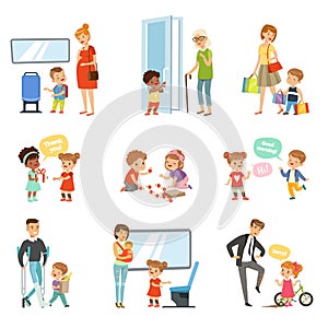 Kids good manners set, polite children helping adults, giving way to transport, thanking each other vector Illustrations