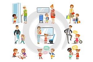 Kids good manners set, polite children helping adults, giving way to transport, thanking each other vector Illustrations
