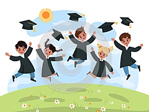 Kids graduation day. Kindergarten cute multiethnic children jump in black cloaks and academic hats. Successful graduate photo