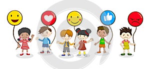 Kids group of people holding balloons with social media icons