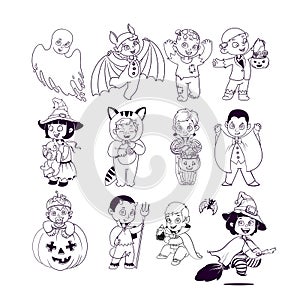 Kids in Halloween Costumes. Halloween Coloring Book. Illustration for children vector cartoon characters isolated on