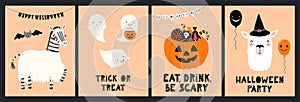 Kids Halloween cute animals in costumes cards collection