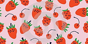 Summer seamless pattern with strawberries, cherry