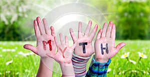 Kids Hands Holding Word Myth, Grass Meadow