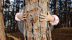 Kids hands hugging tree trunk