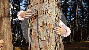 Kids hands hugging tree trunk