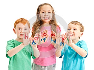 Kids happy birthday painted letters on hands