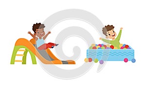 Kids Having Fun on Playground Set, Little Children Sliding Down Slide and Playing in Pool with Colorful Balls Cartoon