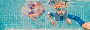 Kids having fun playing underwater in swimming pool on summer vacation BANNER, LONG FORMAT