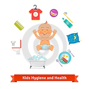 Kids health and hygiene icons. Baby boy