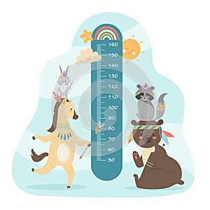 Kids height chart with cute boho animals, ruler with millimeter scale to measure growth