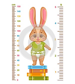 Kids height chart with cute bunny, children growth measuring. Meter wall ruler. Funny baby rabbit character. Stadiometer. Vector photo