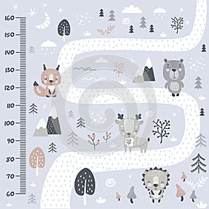Kids height chart. Cute and funny doodle wild animals in forest. Growth chart or banner in scandinavian style