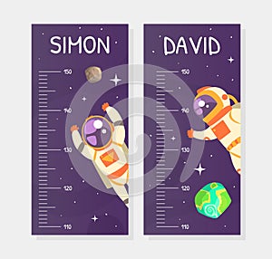 Kids Height Chart, Stadiometer Template, Height Measure Wall Meter with Astronaut in Outer Space Cartoon Vector photo