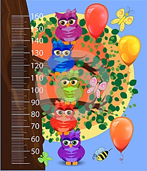 Kids height meter with cute owls. Funny stadiometer from 50 to 160 centimeter photo