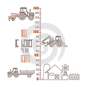 Kids height ruler with Farm Vehicles for wall decals