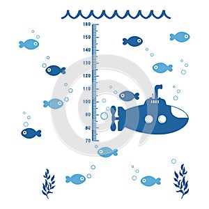 Kids height ruler with submarine and fishes for wall decals, wall stickers - Vector