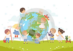 Kids Help Save the World, Children Volunteers Cleaning up Wastes and Plant Trees on the Earth, Nature and Ecology