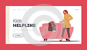 Kids Helpline Landing Page Template. Aggressive Mother Yell on Little Boy Hiding Face Sitting on Sofa in Living Room