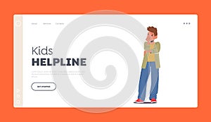 Kids Helpline Landing Page Template. Upset Boy, Teenager with Sad Face Expression. Bad Mood, Problem in Family or School