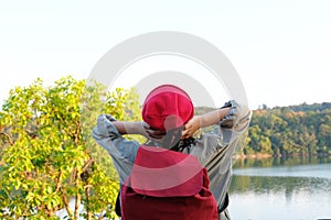 Kids hiking with backpacks, Relax time on holiday concept travel