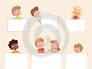 Kids holding banner. Empty posters or frames for text blank banner with happy smiling children vector portraits of kids