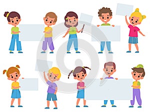 Kids holding banners. Funny children with clean advertising posters collection, boys and girls meeting, placards for