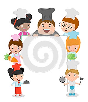 Kids Holding Cooking Surrounding a Blank Board, kids chef peeping behind placard, kids chef Members Holding a Large Board, happy c