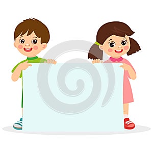 Kids holding empty blank board with space for text vector illustration.