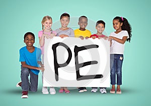 Kids holding placard that reads pe