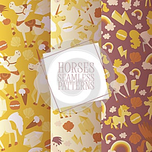 Kids horse vector seamless pattern cartoon pony horsed character with horn illustration horsy backdrop set of fantasy