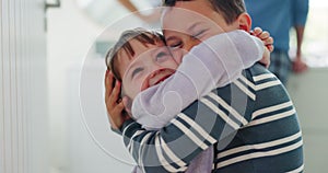 Kids hug, love and family with siblings at home, trust and support with care and happiness together. Young boy, girl and