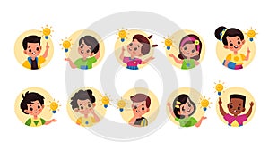 Kids idea lamp. Happy cute children in round frames with ideas and lamps sings, little pupils boys and girls founded photo
