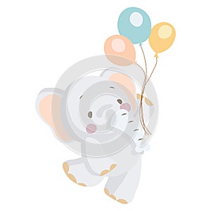 Kids illustration, cute gentle baby elephant flies with balloons. Pastel colors. Kids bedroom decor, happy birthday card,