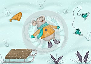 Kids illustration with a cute mouse making a snow angel