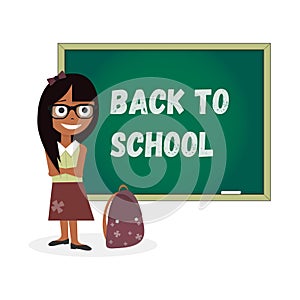 Kids illustration template. Girl back to school with board.
