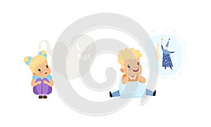 Kids Imagination Concept, Cute Little Girl Scared of Ghosts, Boy Dreaming of Becoming Wizard Cartoon Style Vector