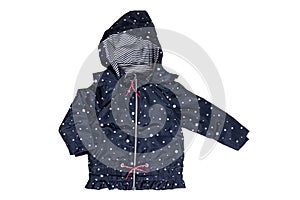 Kids jacket isolated. A stylish fashionable dark blue jacket with white dots and blue white striped lining for the little girl. A