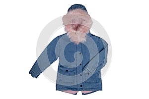 Kids jeans jacket isolated. A stylish fashionable cozy warm denim blue jacket with a light pink lining for the little girl.