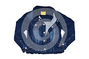 Kids jeans jacket isolated. A stylish fashionable denim dark blue jacket with a light blue lining for the little girl. Children