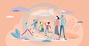 Kids joy vector illustration. Happy childhood time flat tiny persons concept